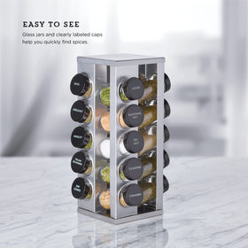 Compact, narrow footprint saves counter space while keeping jars organized.
