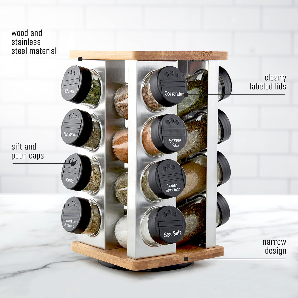 Sift-and-pour caps allow controlled dispensing over spoons.