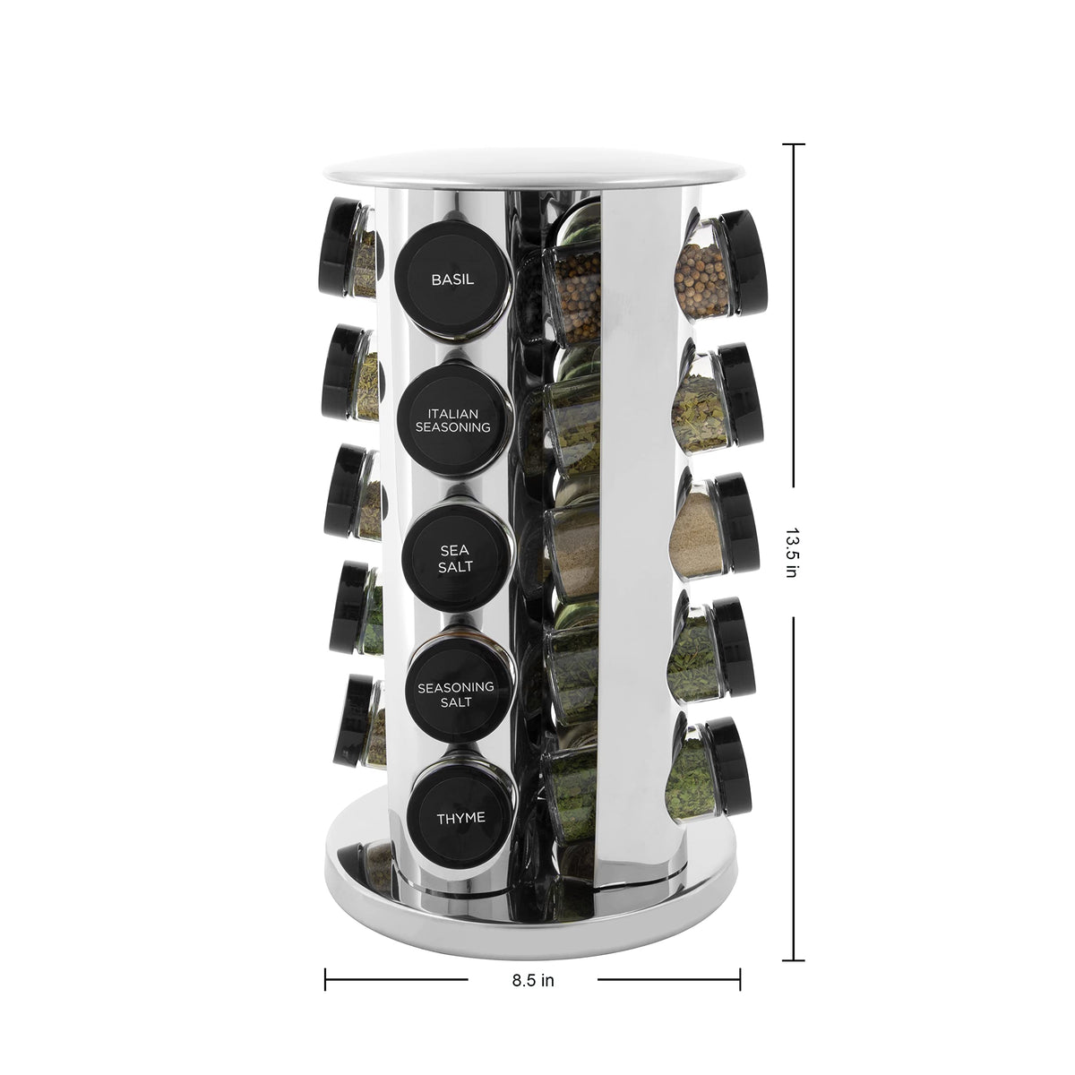 Kamenstein glass spice jars with sifter caps for mess-free dispensing.