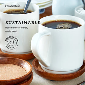 Kamenstein stackable coasters in use demonstrate compact storage and easy access.