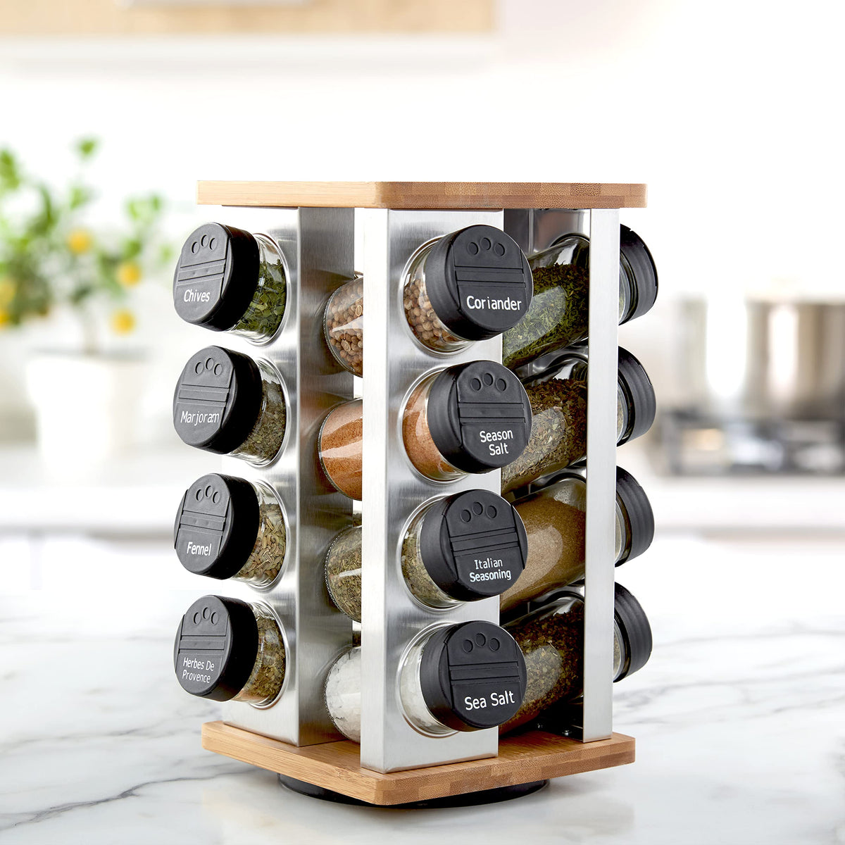 Stainless steel and bamboo frame creates a modern kitchen display.