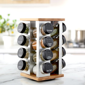 Stainless steel and bamboo frame creates a modern kitchen display.