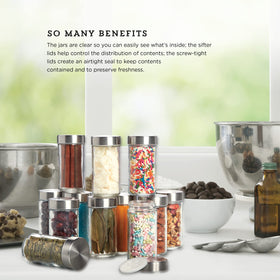 Kamenstein stainless steel shaker lid on glass jar for precise dispensing.