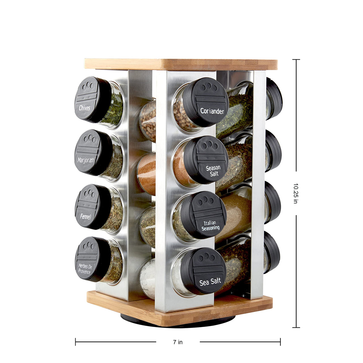 Kamenstein Warner jars with clearly labeled lids for fast spice access.
