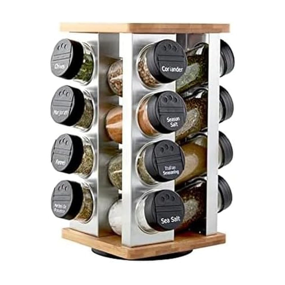 Kamenstein Warner rotating spice rack with pre-filled jars for quick cooking prep.