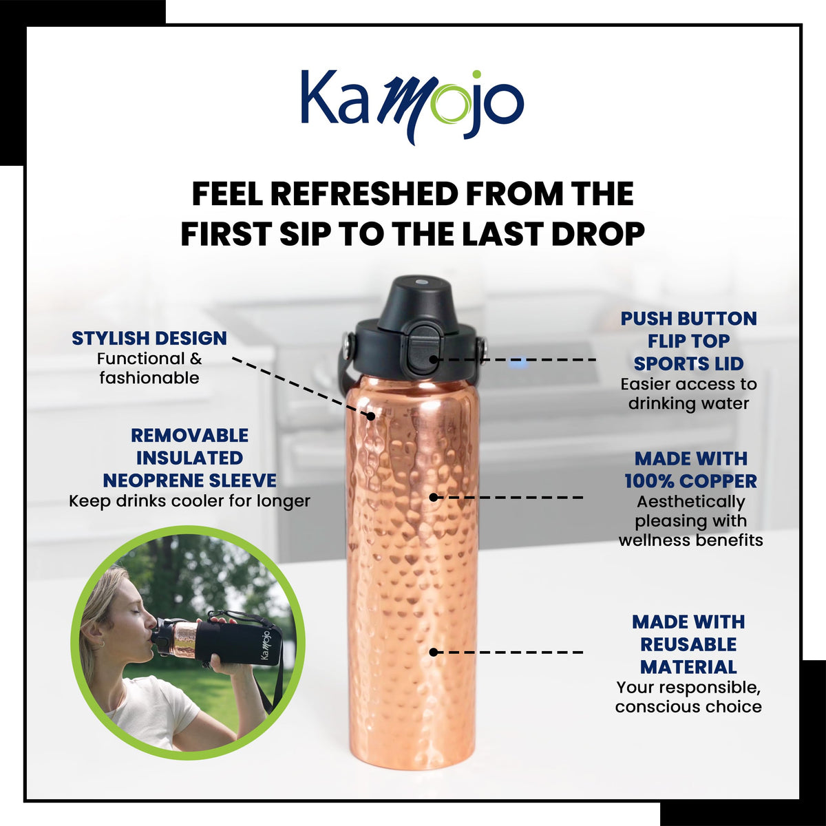 Kamojo insulated neoprene sleeve helps keep drinks cold longer.