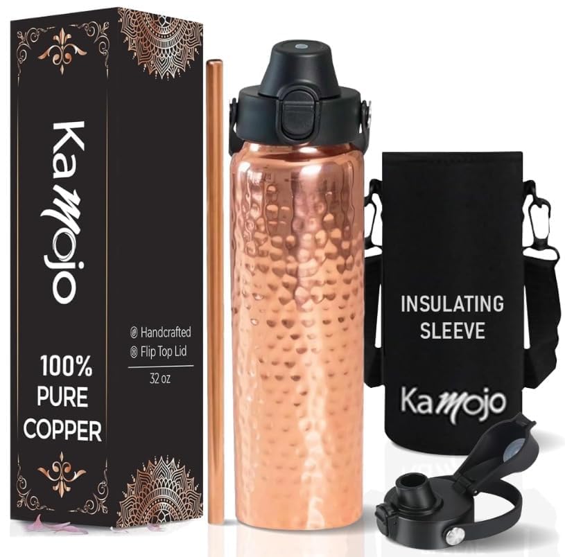 Kamojo pure copper bottle with push-button lid for easy on-the-go hydration.