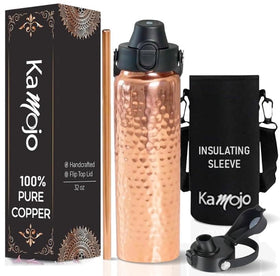 Kamojo pure copper bottle with push-button lid for easy on-the-go hydration.