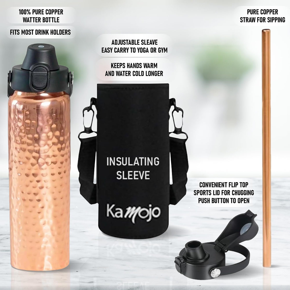 Kamojo copper bottle with removable neoprene sleeve for added temperature retention.