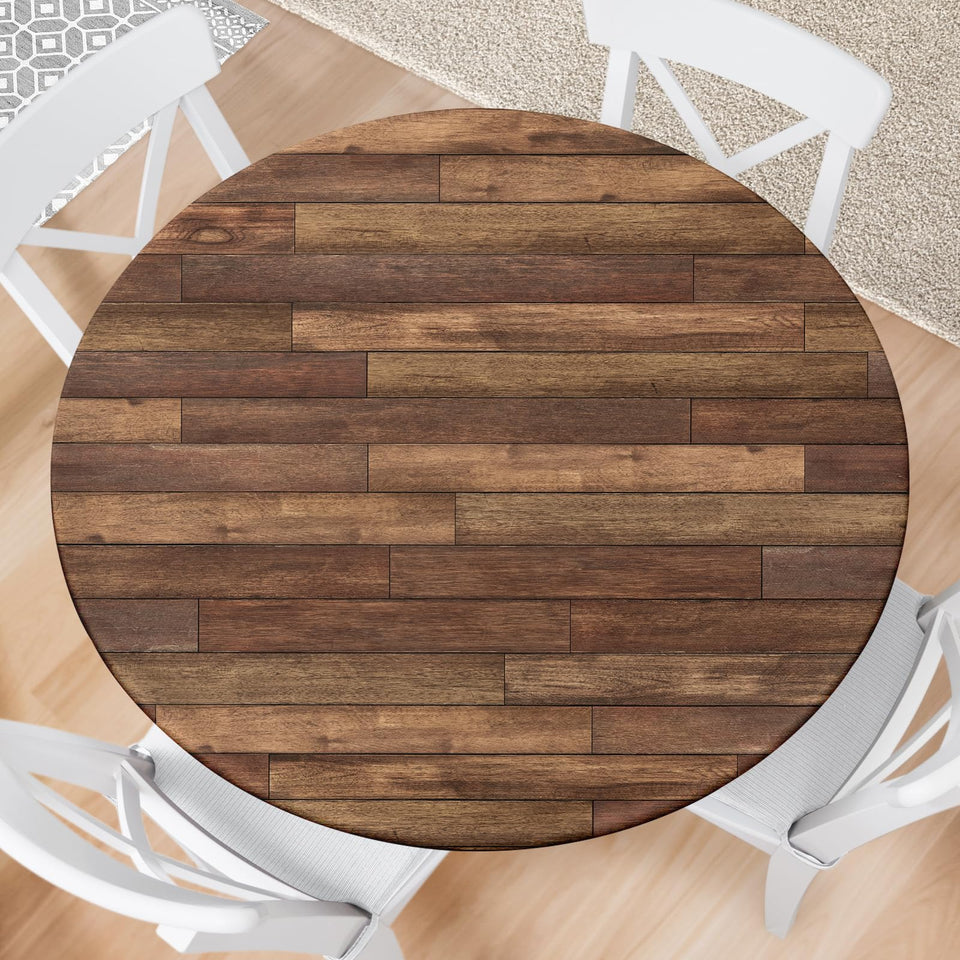 Kamoor farmhouse round fitted tablecloth with elastic edge for a snug, secure fit.