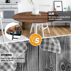 Kamoor round tablecloth for indoor and outdoor dining protecting surfaces.