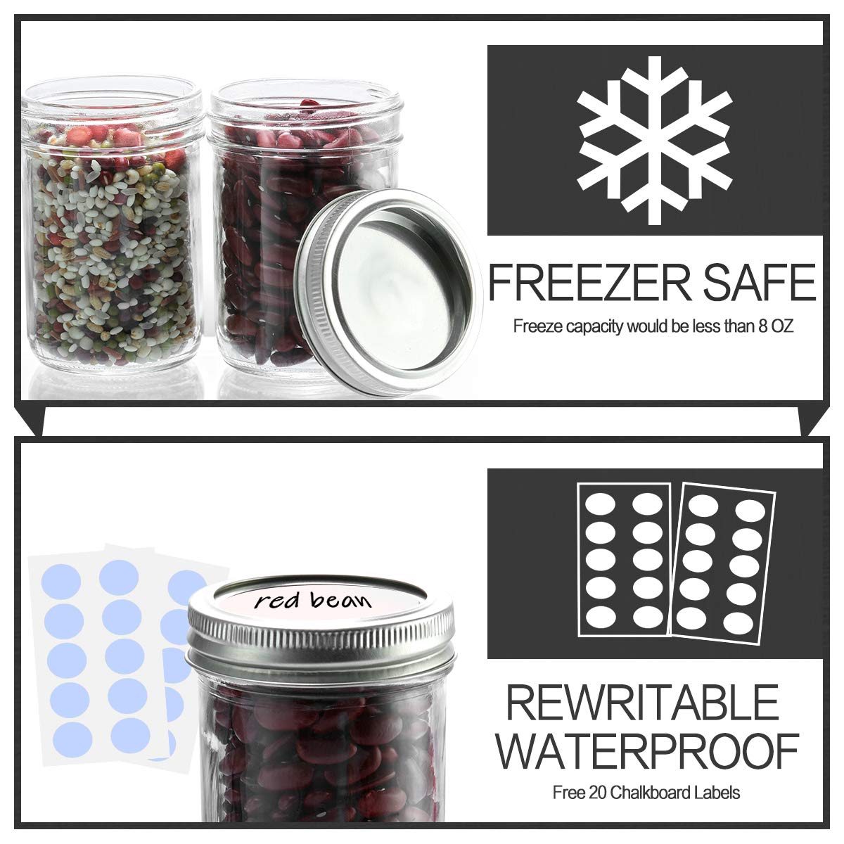 KAMOTA glass jar with whiteboard labels for easy organization.