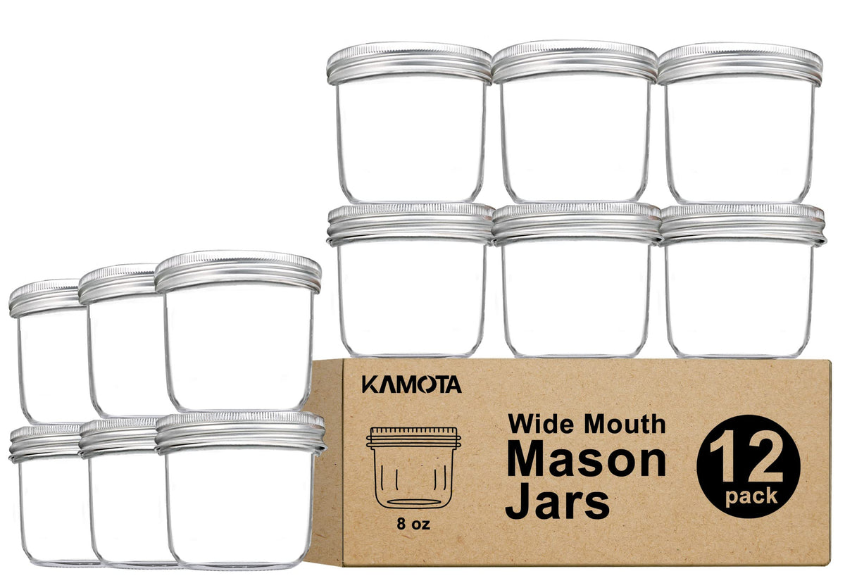 KAMOTA 8oz wide-mouth mason jars with silver lids, ideal for jam or favors.