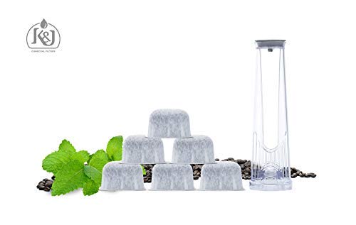 K&J charcoal water filters highlight impurity reduction for tastier coffee.