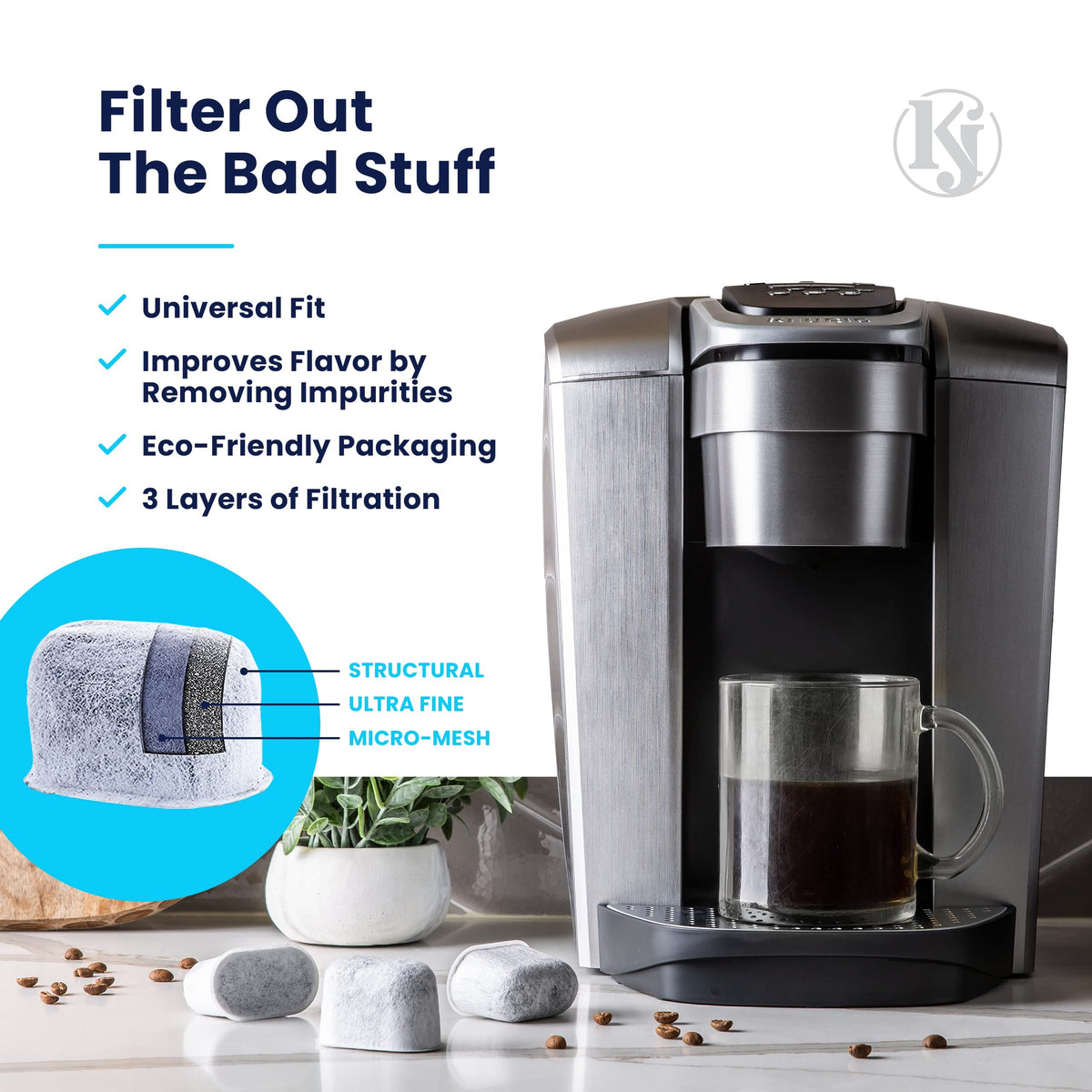 K & J Keurig filter satisfaction guarantee badge signals reliable support