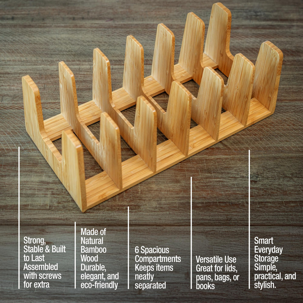 KANDOHAUS bamboo lid divider shows tidy separation of lids and pans.
