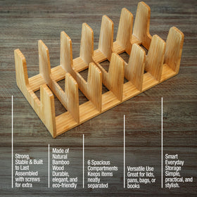 KANDOHAUS bamboo lid divider shows tidy separation of lids and pans.