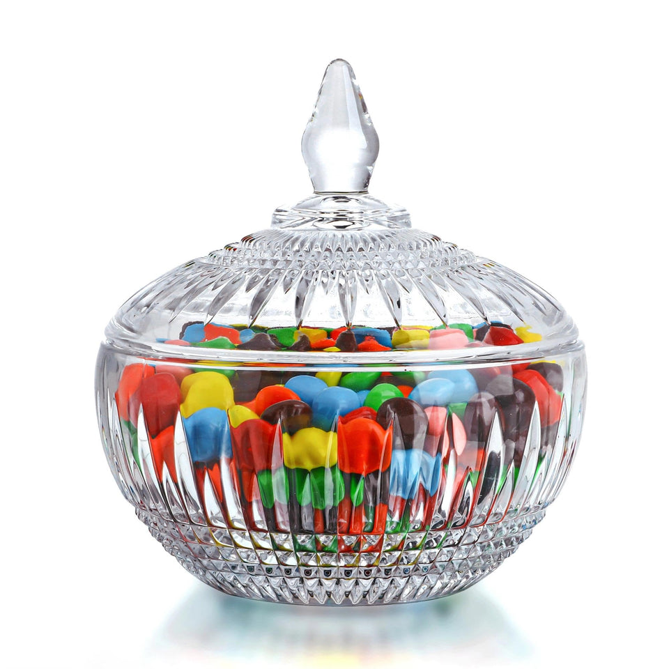 kanpura candy dish with clear glass lid showcasing colorful sweets