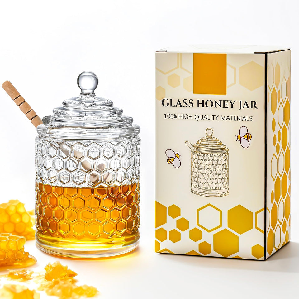 kanpura clear crystal honey pot with dipper and lid on display for elegant serving