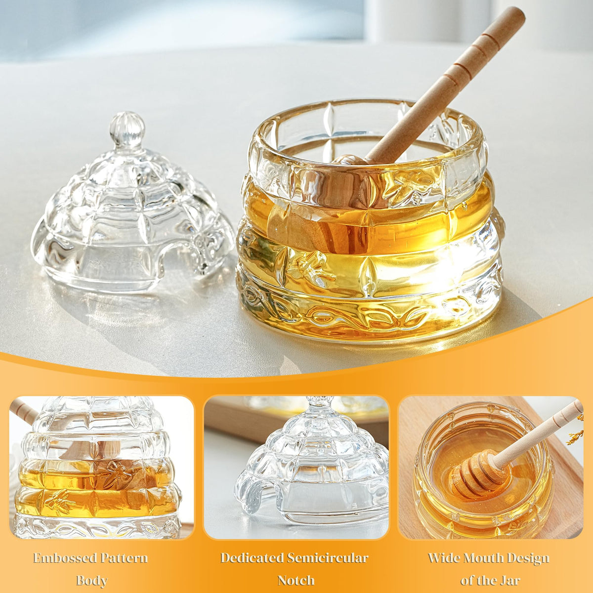 Kanpura wide-mouth honey jar enables easy scooping and cleaning