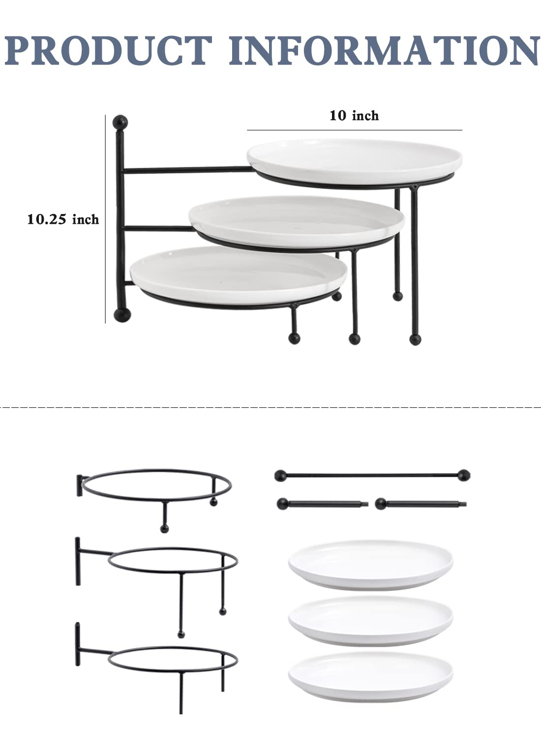 Kanwone black metal stand supports a stable, stylish serving centerpiece.