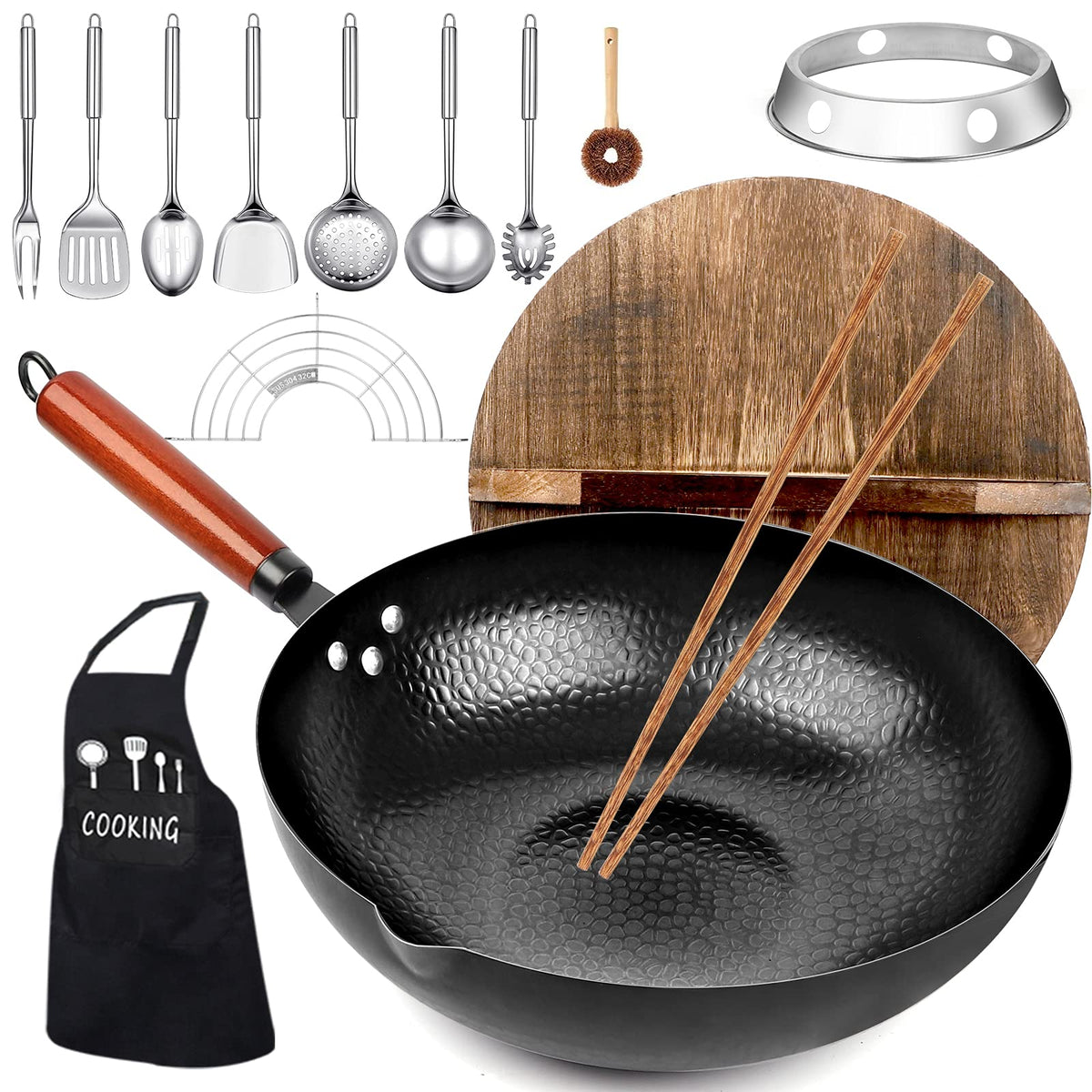 KAQINU 14-piece wok set with lid and utensils for fast weeknight meals.