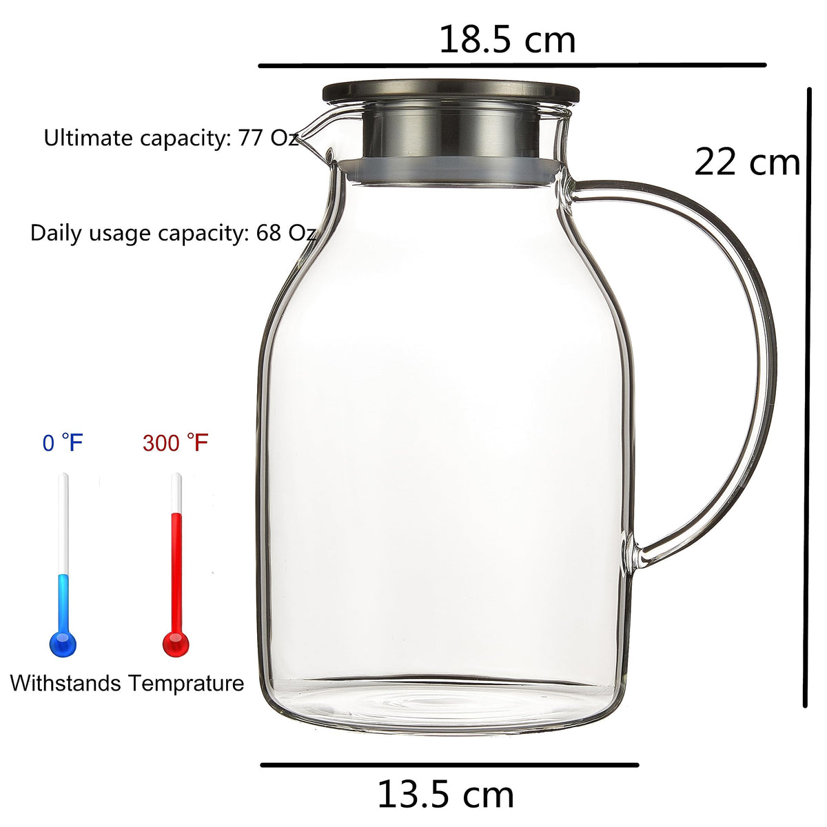 Karafu 68 oz capacity shown beside juice bottles and fruit.