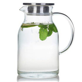 Karafu 68oz glass pitcher with lid, top view highlighting easy pouring.