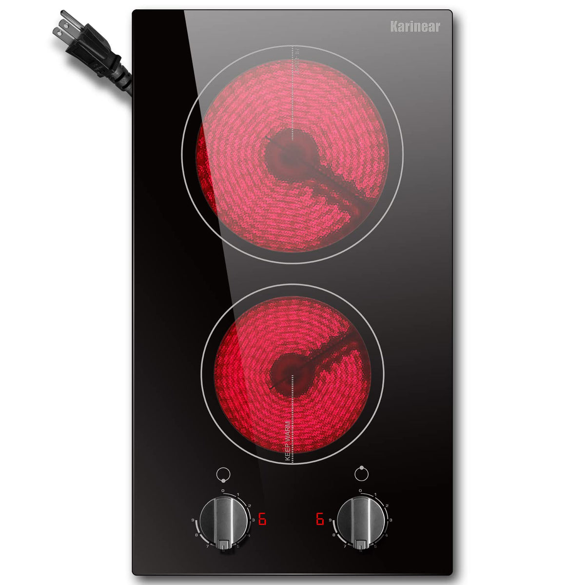 Karinear 110V cooktop front view showing compact two-burner design for small spaces