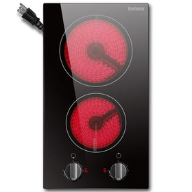 Karinear 110V cooktop front view showing compact two-burner design for small spaces