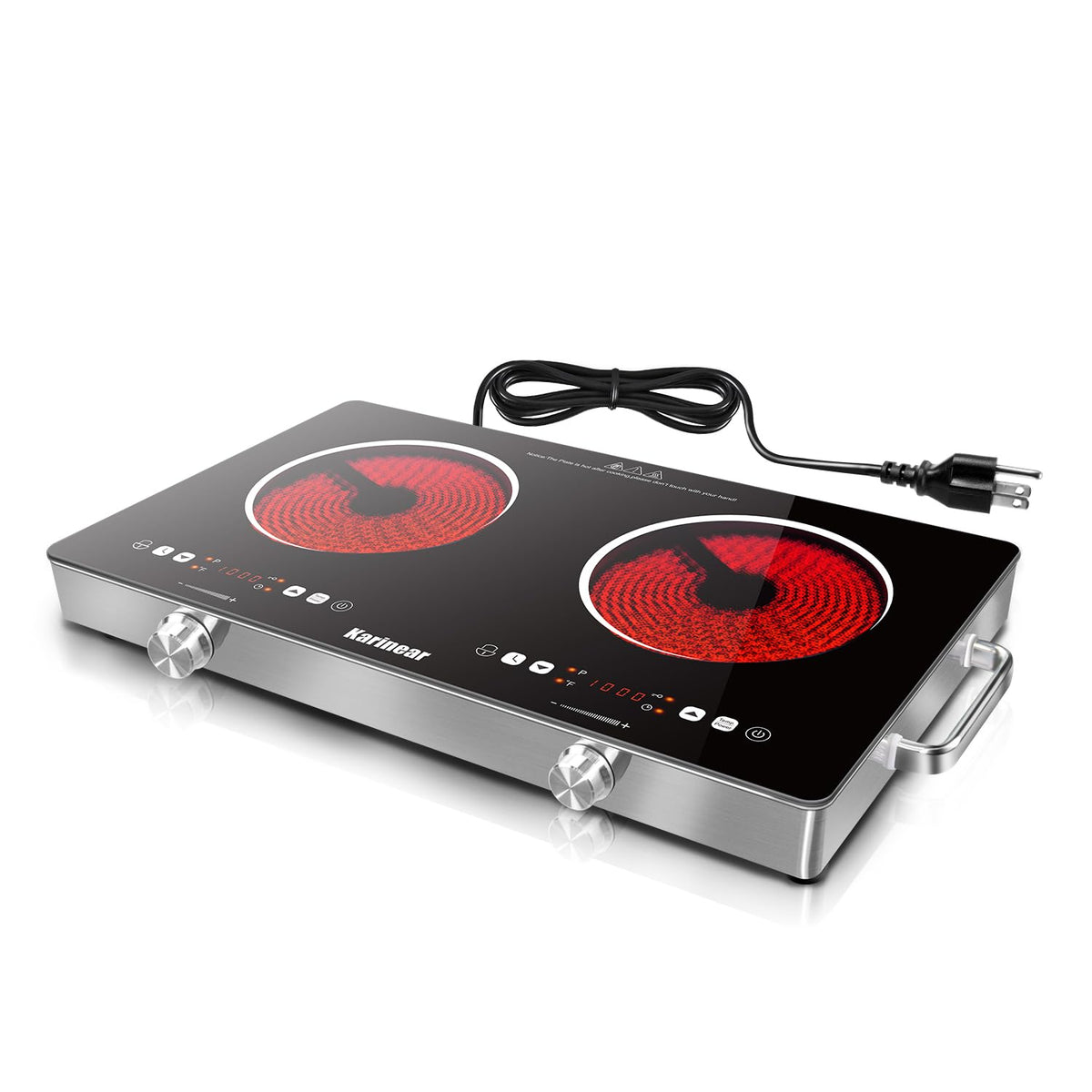 Karinear 2 Burner Electric Cooktop with handles for easy transport and versatile cooking