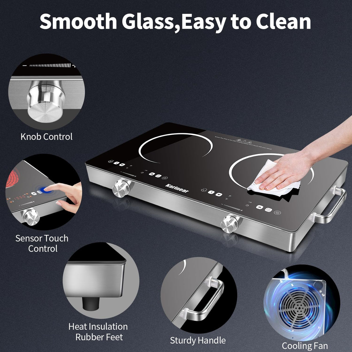 Karinear front-panel knob control enables precise heat tuning on each burner