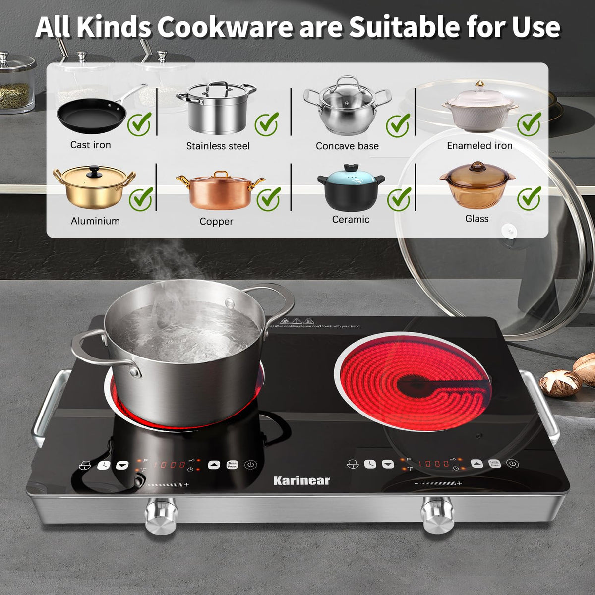 Karinear safety features include hot indicator and lock for worry-free cooking