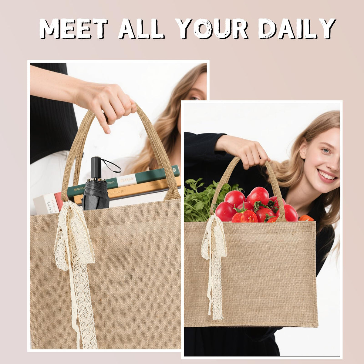 Karinoos burlap tote for travel essentials and daily errands.