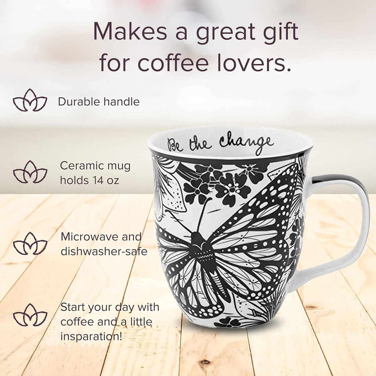 Karma Gifts 14oz black-and-white mug for generous coffee servings.