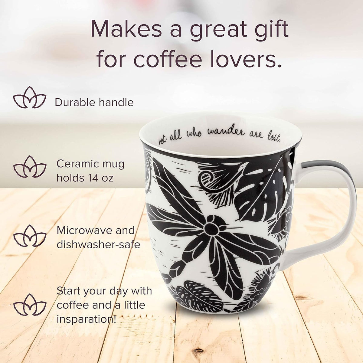 Karma Gifts black and white boho mug 14oz for tea breaks.