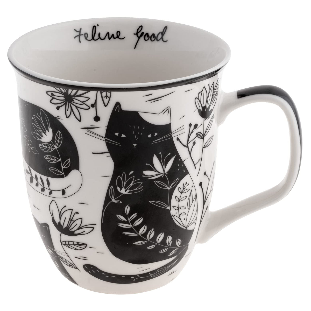 Karma Gifts boho cat mug front view, bold black and white design for morning coffee