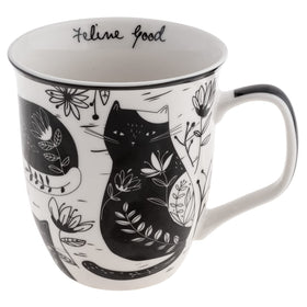 Karma Gifts boho cat mug front view, bold black and white design for morning coffee