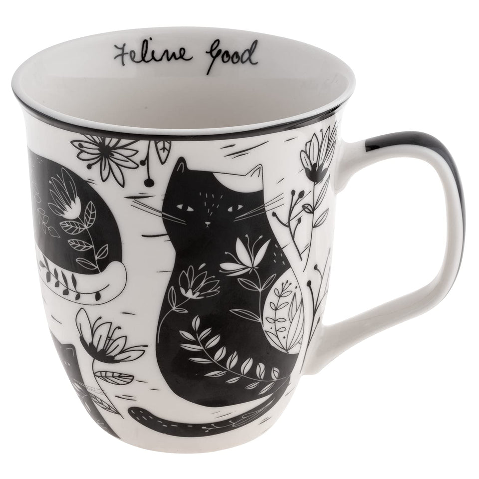 Karma Gifts boho cat mug front view, bold black and white design for morning coffee