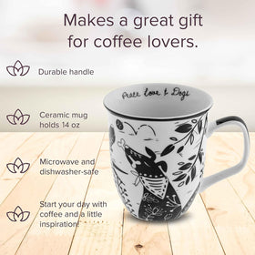 Karma Gifts boho mug raven tabletop shot showing 14 oz capacity on counter