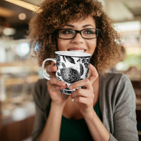 Karma Gifts coffee-tea boho mug perfect for cozy desk moments and breaks.