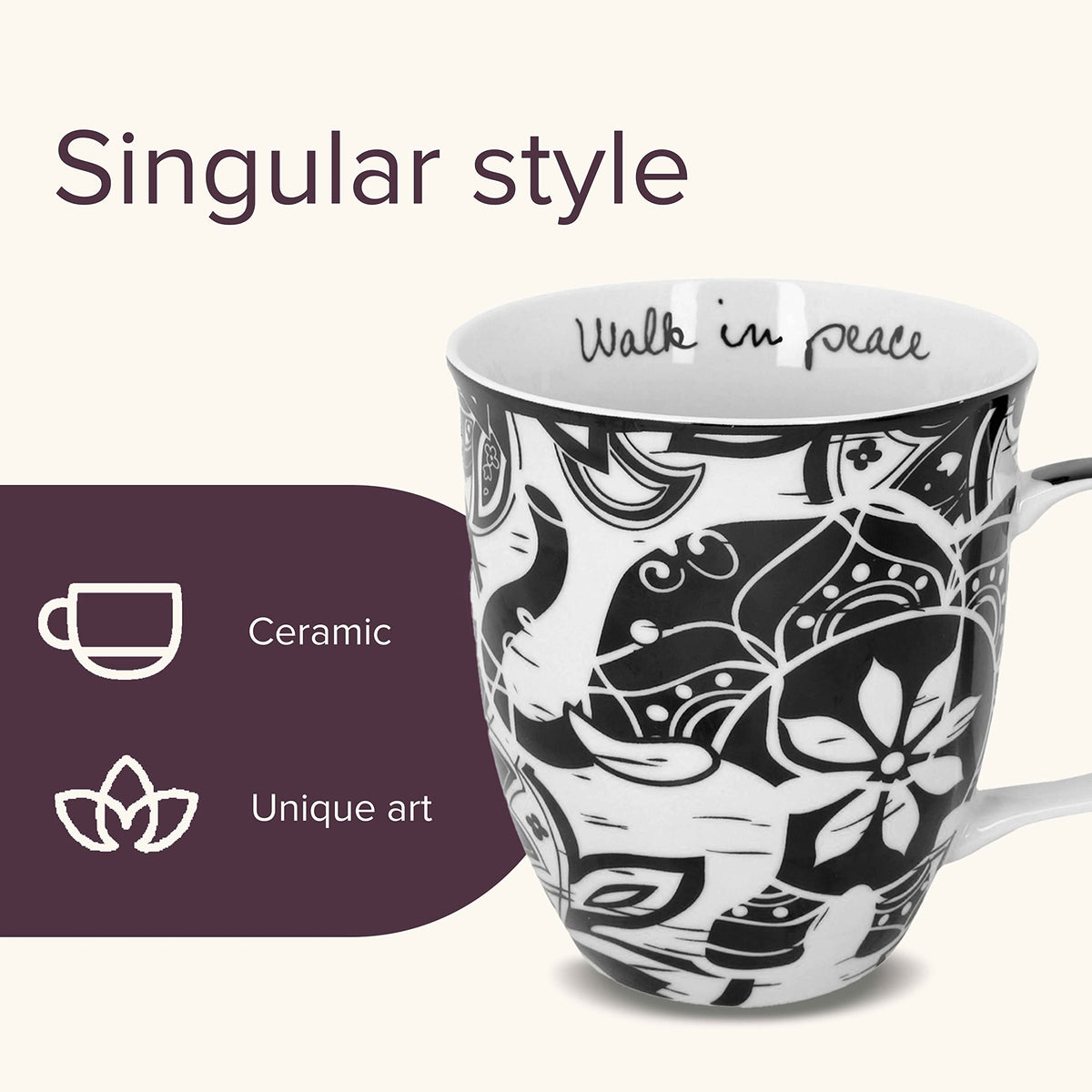 Side view of Karma mug with bold boho patterns for tea or coffee.