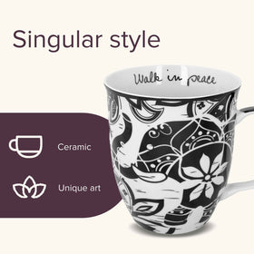 Side view of Karma mug with bold boho patterns for tea or coffee.