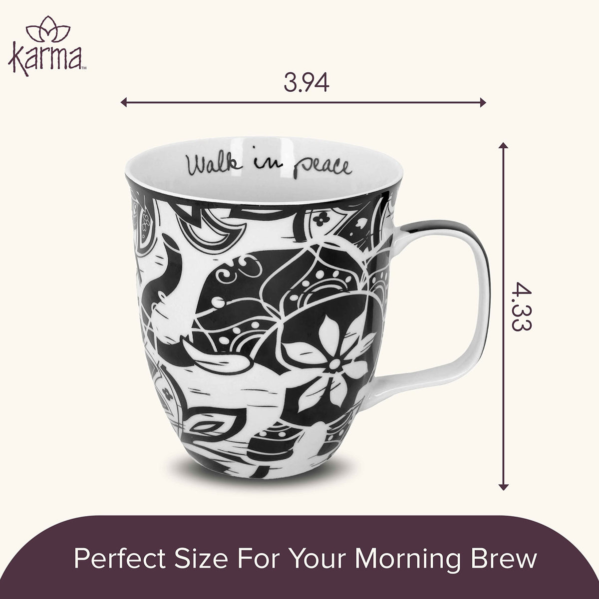 Rim and print clarity on Karma mug, microwave-safe convenience.