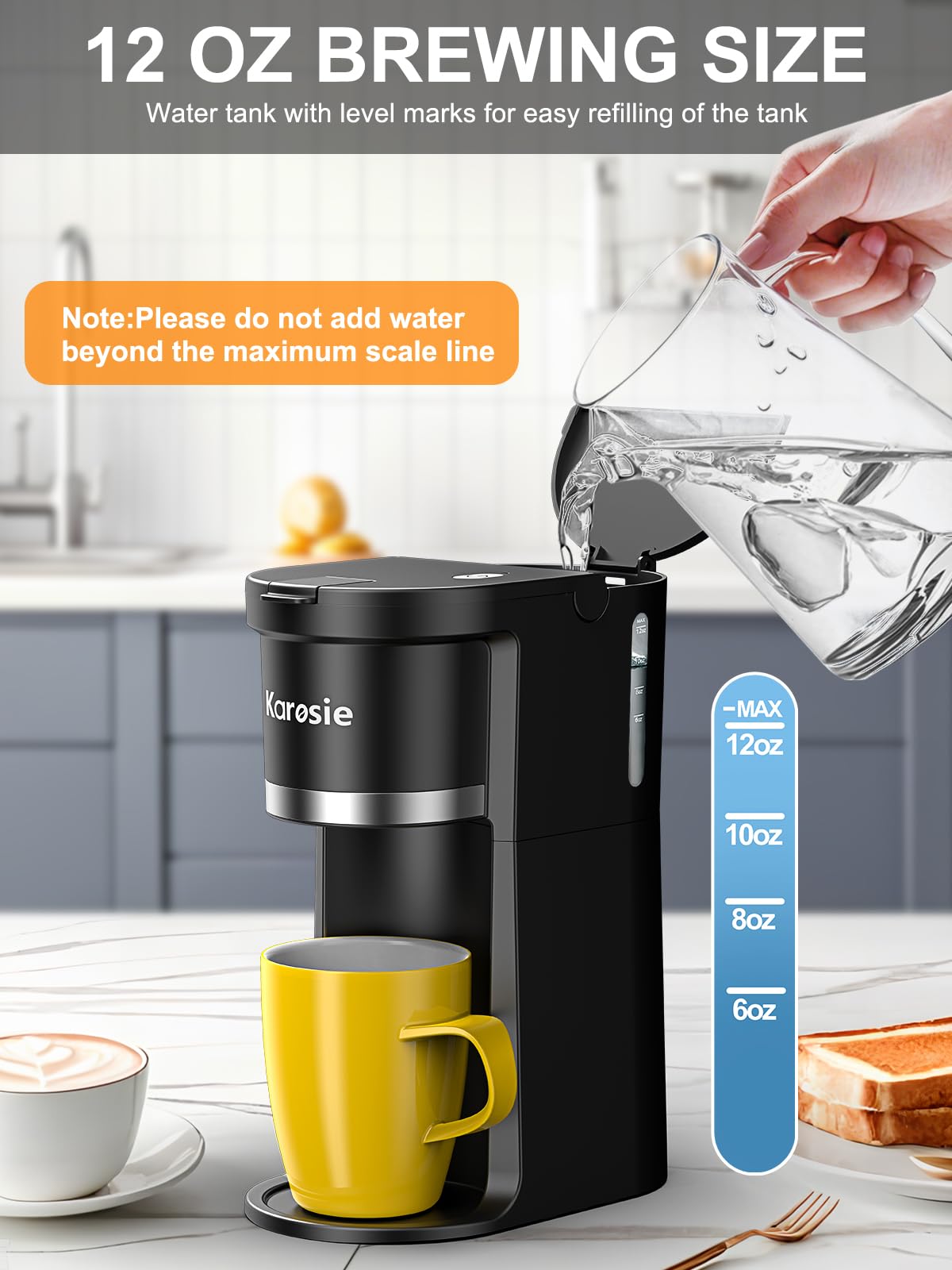 Karosie compact design fits dorm rooms and tight counters.