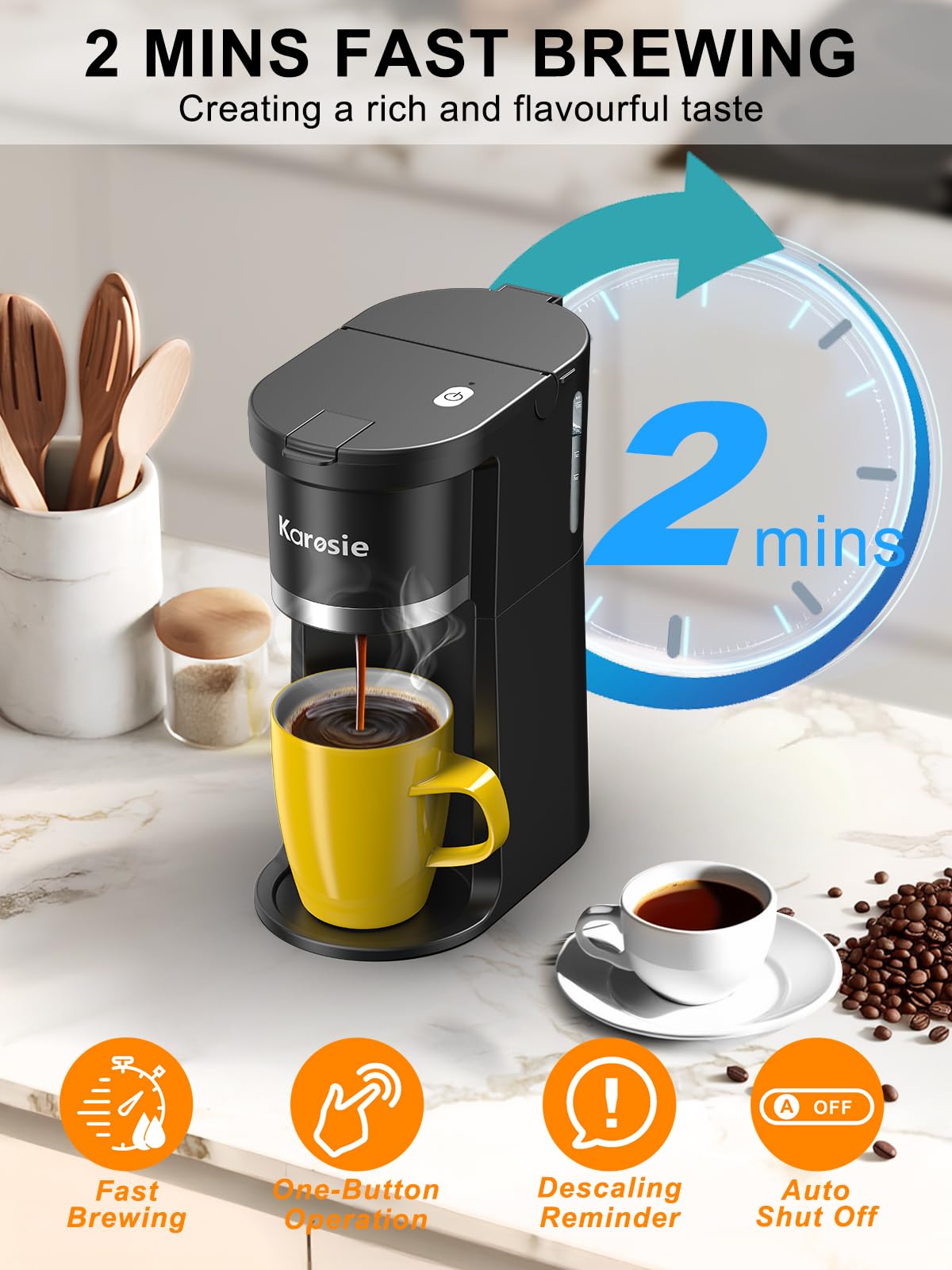Karosie one-button fast brew demonstrates quick, convenient coffee in minutes.