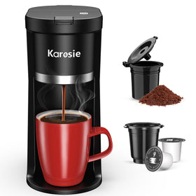 Karosie small single-serve coffee maker front view in a compact kitchen for space-saving use.