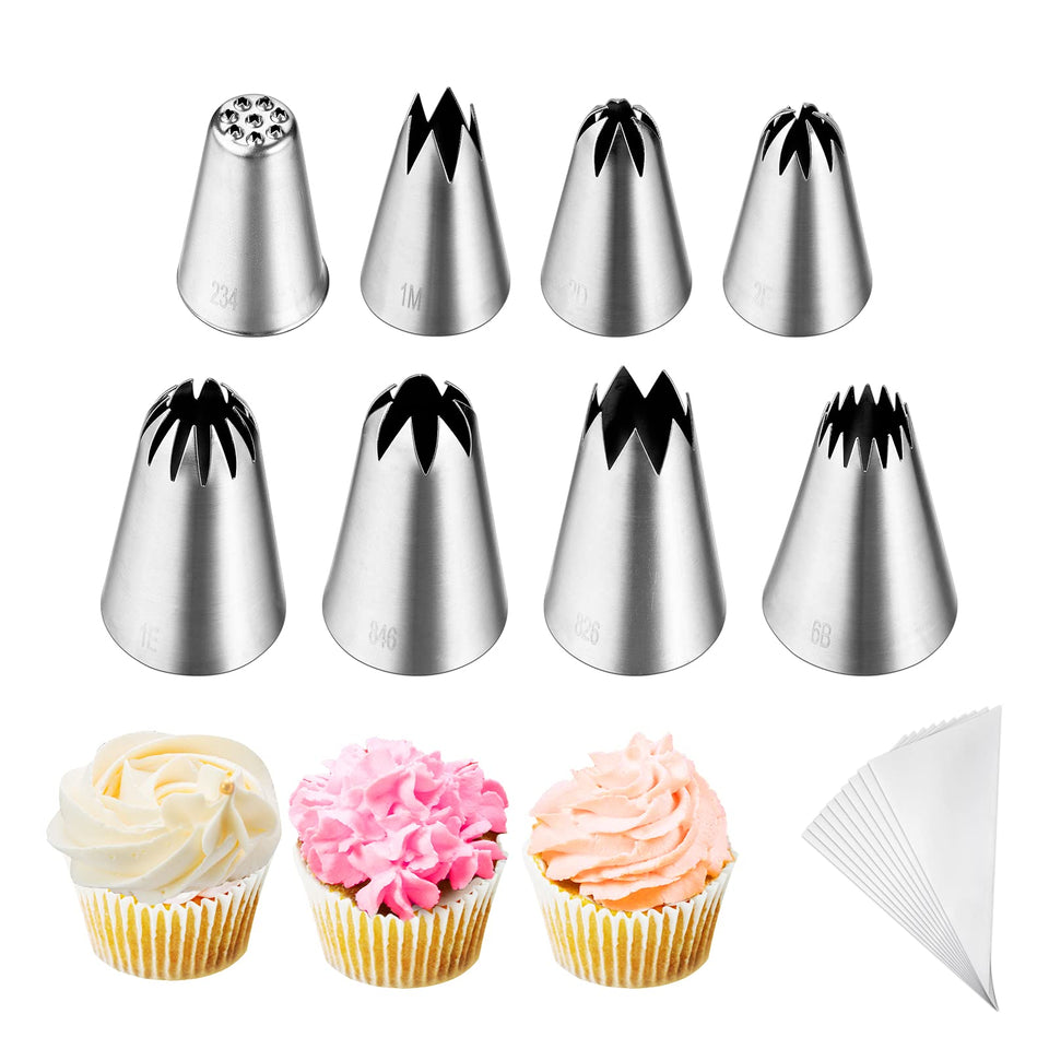 Kasmoire 8Pcs large piping tips set for versatile cake decorating ideas.