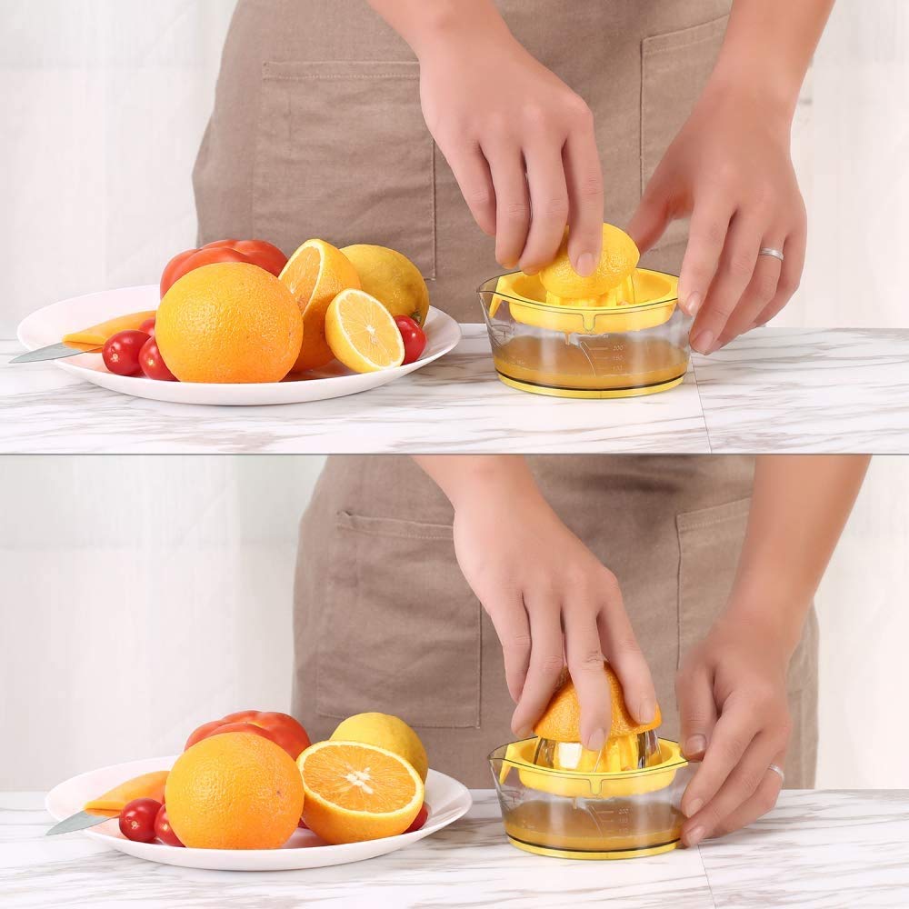 Kasmoire citrus juicer pour spout demonstrates mess-free pouring into glass or cup.
