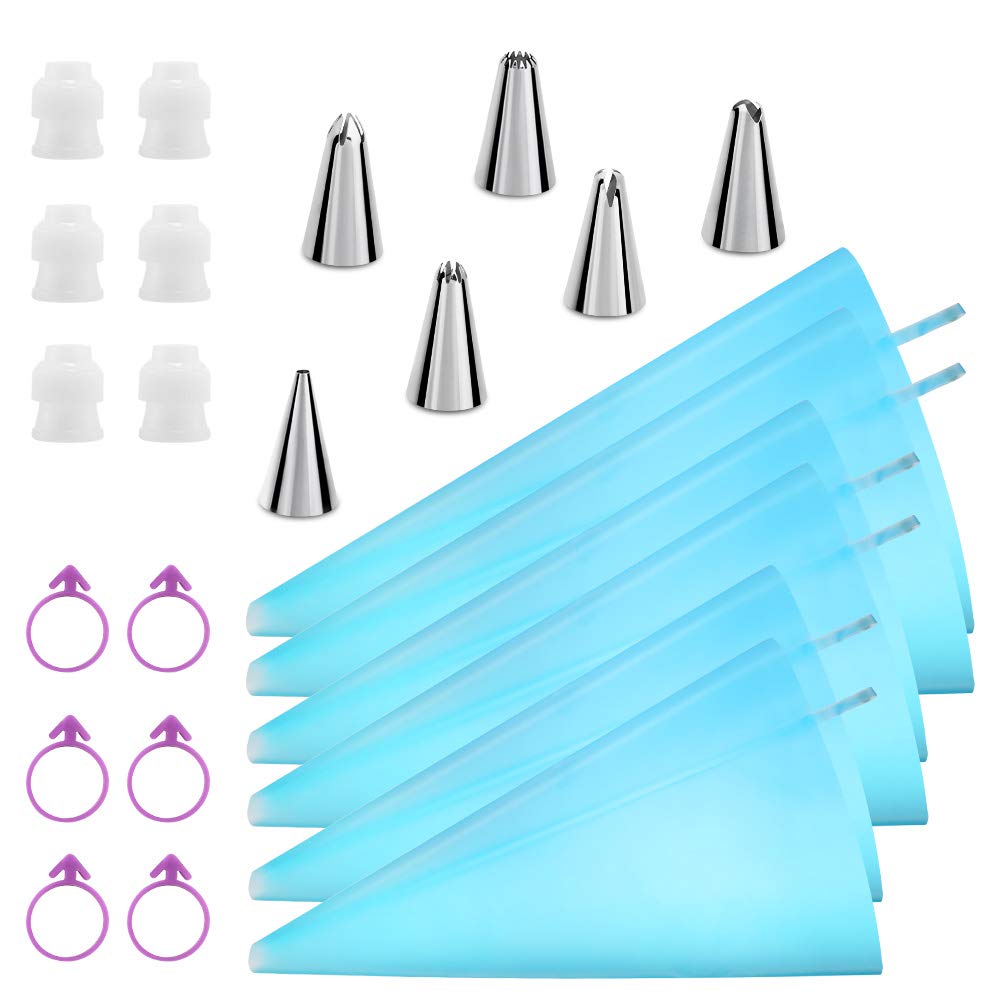 Kasmoire decorating set with piping bags enabling versatile cake and cookie decorating